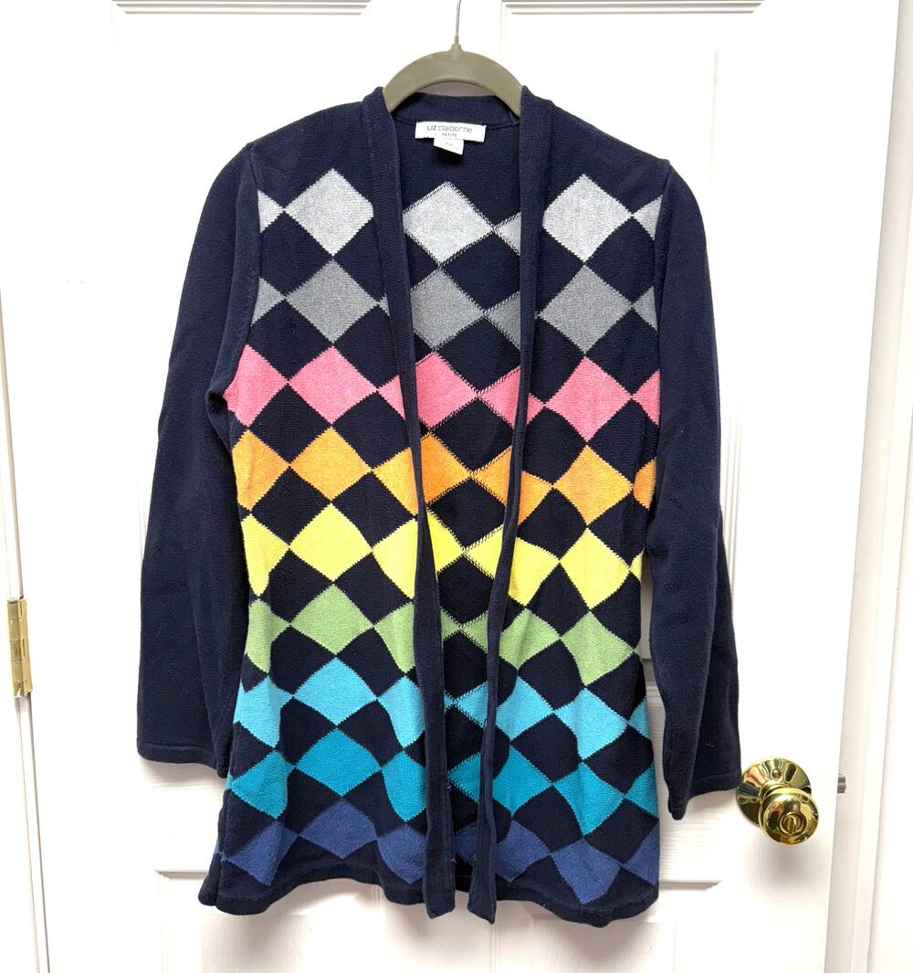 Liz Claiborne Sweater Rainbow Grannycore Cardigan Cotton Argyle Diamond Size PM